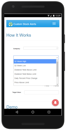 Mobile app screenshot showing how to create stock alerts