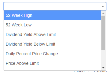 Screenshot showing the available alert types including price, dividend yield, and PE ratio