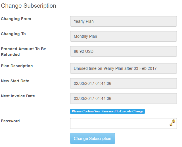 Change subscription screen